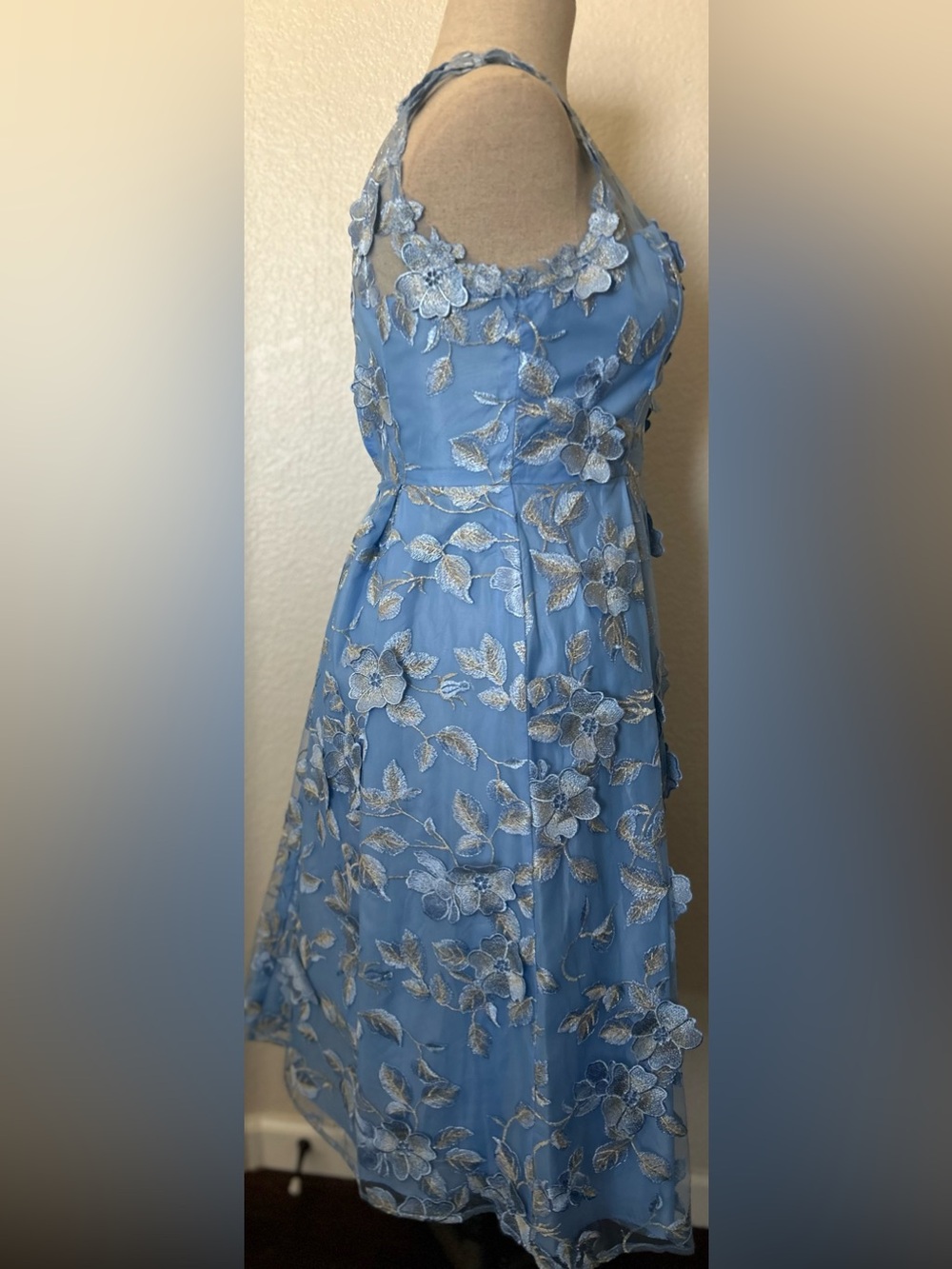 Adrianna Papell Light Blue Floral Appliqué Illusion Neck Midi Dress - Picture 9 of 13
